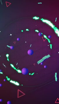Vertical video: Purple orb popping sparking neon green ring forming spheres orbiting creating flow