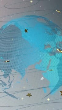 Vertical video: Zooming out revealing rotating cyan dot globe, gold stars orbiting, decorating map