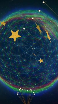 Vertical video: 3D globe rotating as golden stars entering sparking neon trails showing mesh links