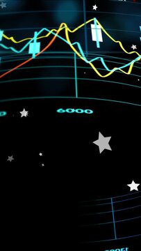 Vertical video: Scanline crossing triggers curved 3D chart tilting panning showing 8000-9000 labels