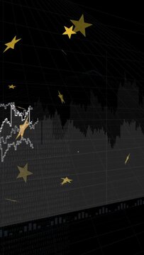 Vertical video: Few gold stars appearing upper-left, drifting across rising waveform showing peaks