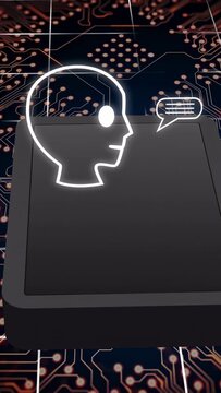 Vertical video: Neon head brightening and sending speech bubble, brain arriving on pad, responding