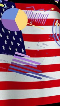 Vertical video: On start data overlays sliding across US flag, charts animating to show statistics