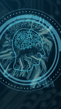 Vertical video: On loading cyan head pulsing gears circuits flowing right showing data processing