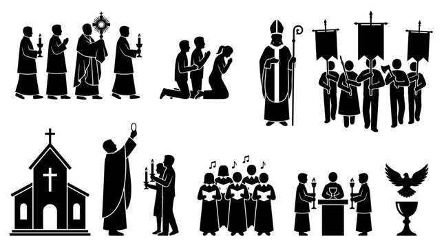 Christian Ceremony and Worship Icons - Collection of Monochromatic Silhouettes with Diverse Figures