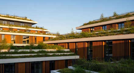 Fototapeta premium Eco‑Terraced Architecture – Modern sustainable building with layered green roofs and natural wooden façades.