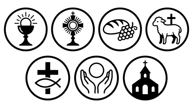 Collection of seven circular icons representing symbols of faith and spiritual traditions vector art
