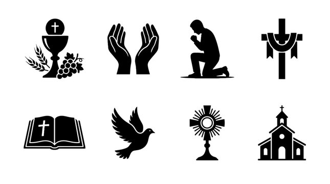 Christian Icons Set: Chalice Praying Hands Kneeling Figure Cross Book Dove Monstrance Church
