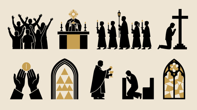 Set of Religious Silhouettes: Worship Ceremony Prayer and Sacred Symbols in Black and Gold