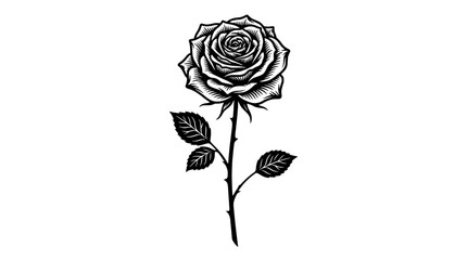 Fototapeta premium Rose flower tattoo sketch with detailed linework, vintage engraving style, single stem bloom for greeting cards and design