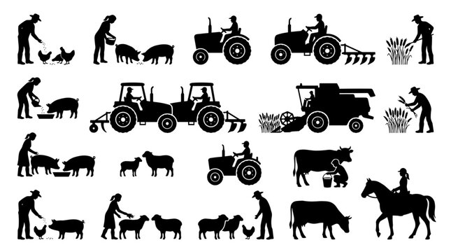 Set of farming activity and animal silhouettes on a plain for agriculture concepts
