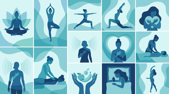 Collage of illustrations depicting wellness practices yoga massage meditation and healthy lifestyle