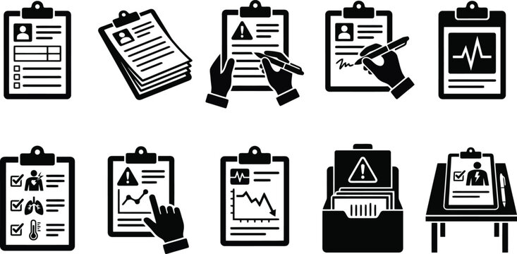 Hantavirus Medical Clipboard and Patient Record Document Vector Icon Set for Healthcare Administration, Hospital Management & Clinical Data Tracking (EPS)