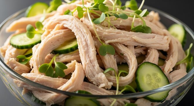 Fresh insalata di pollo in a glass bowl featuring shredded chicken breast, sliced cucumbers, and microgreens for a healthy and light mediterranean meal