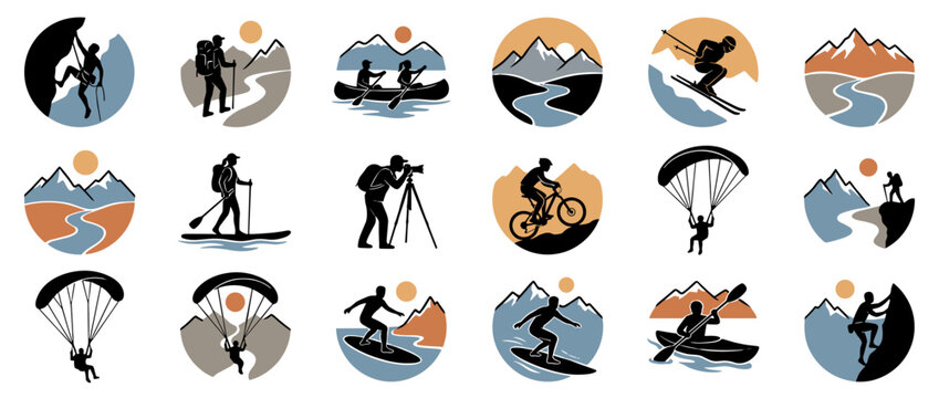 Outdoor Activity Icons Set: Adventure Sport and Exploration in Nature Landscapes Vector Collection