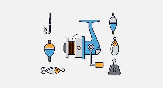 Fishing gear and tackle equipment icons.
