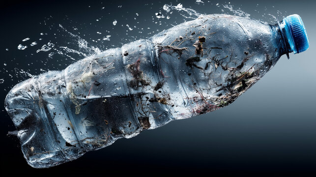 Crushed plastic bottle floating in water pollution concept