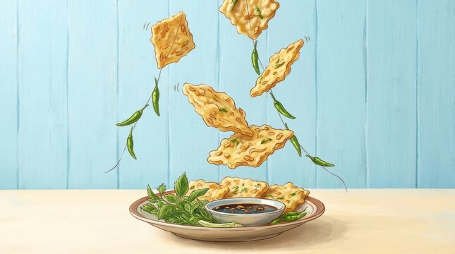 Digital illustration of Indonesian tempeh mendoan fritters levitating over a plate with dipping sauce, fresh herbs, and green bird's eye chilies against a blue wood background.