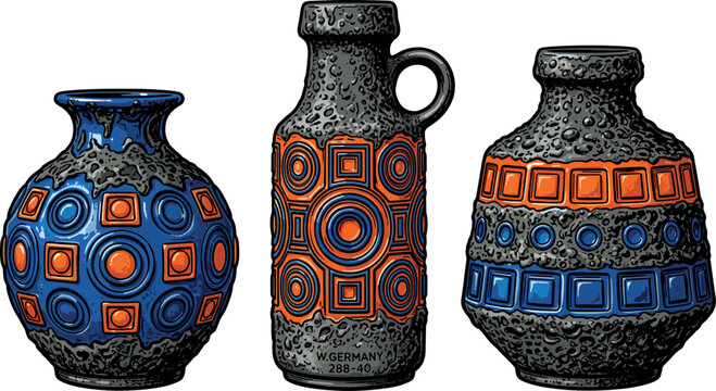 Vintage West German Pottery Vase Collection with Retro Geometric Patterns and Mid Century Ceramic Art for Interior Decor and Antique Designs