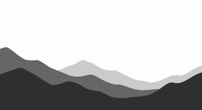 Minimalist grayscale mountain landscape silhouette illustration