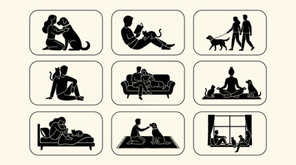 Obraz premium Collage of diverse people and pets bond daily life with dogs and cats comfort connection