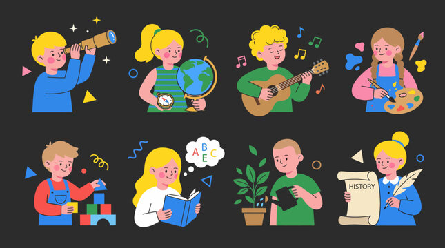 This colorful vector illustration features children engaging in various fun learning activities such as playing, exploring, and enjoying educational games for holistic development.
