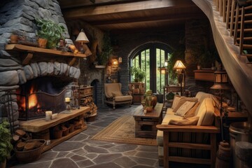 Fototapeta premium Living room interior featuring a stone fireplace, wood beam ceiling, and natural decor creating a warm ambiance