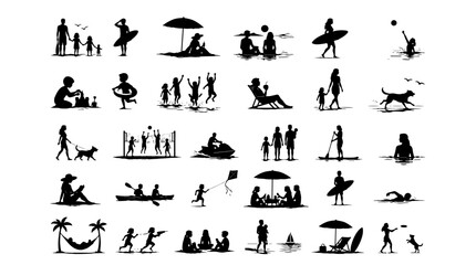 Obraz premium Collection of black silhouettes showing people and pets enjoy summer beach leisure activities