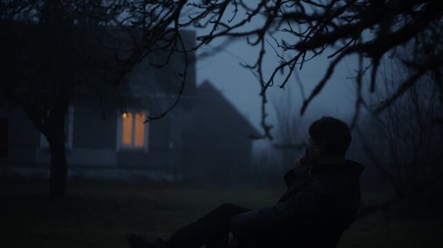 A lonely man smokes in a courtyard at dusk, an arthouse mystical scene
