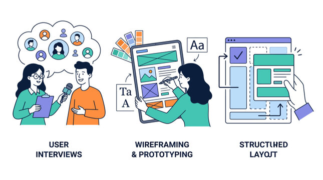 This image presents user-centered design processes, including interviews, wireframing, and structured layouts, emphasizing the importance of user experience in product design.