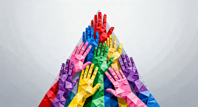 Diverse hands reaching upwards in a geometric pattern symbolizing unity, teamwork, and diversity