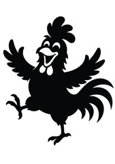 Happy black silhouette rooster dancing with raised arms and legs farm animal domestic animal male chicken funny animal tail feathers silhouette © MOSAREFHOSSEN