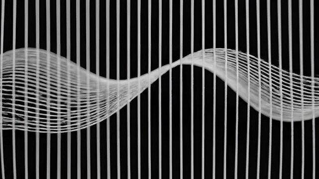 Abstract Waveform Intertwined with Vertical Lines on Black Background.