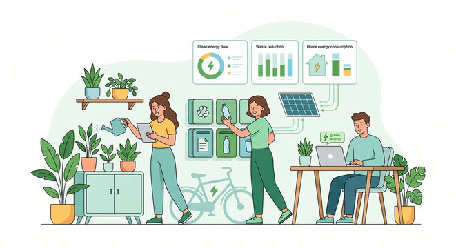 Eco-Friendly Lifestyle Flat Illustration &ndash; Sustainable Living and Green Technology Concept