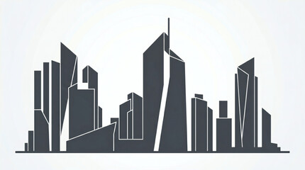 Obraz premium A clean, minimalist vector-style silhouette of a futuristic city skyline with sharp geometric angles and a grayscale color palette.