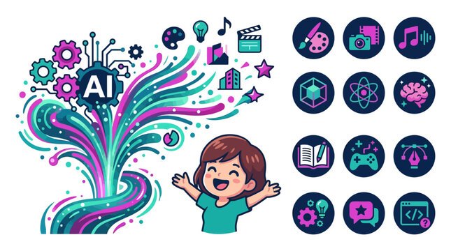 Vector illustration of a cute chibi girl next to an AI gear emitting colorful creative symbols like music, art, and video, with a set of twelve circular tech icons.