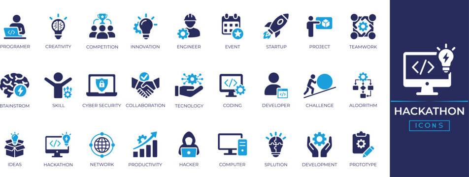 Hackathon icon set for innovation, collaboration, computer, prototype, development, technology, startup, success, team and more.  Solid icons collection.