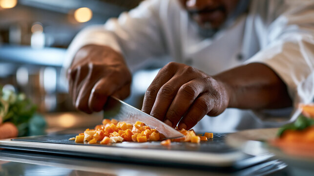 A pair of hands in chef's whites carefully brunoise dicing a bright vegetable on a clean chopping board in full kitchen light the knife moving in rapid precise strokes small