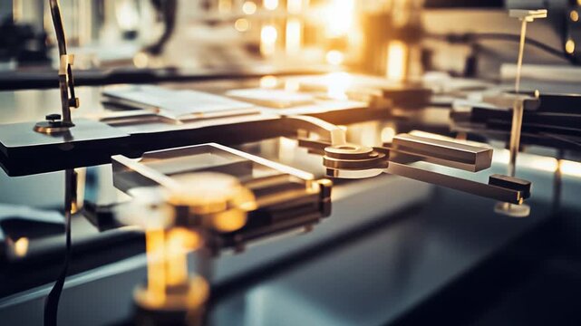 Complex high tech equipment creating microchips and silicon wafers in a sterile industrial environment, representing innovation, engineering, future technology, and integrated circuits
