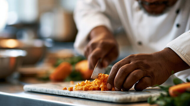 A pair of hands in chef's whites carefully brunoise dicing a bright vegetable on a clean chopping board in full kitchen light the knife moving in rapid precise strokes small