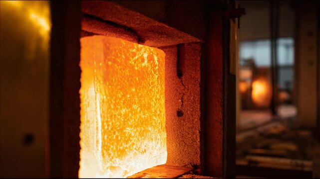 Bright orange hot metal billet heating inside an industrial furnace, representing extreme temperatures, raw materials, manufacturing processes, and heavy industry