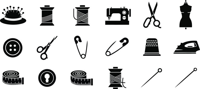 sewing icons and tools for fashion design and tailoring