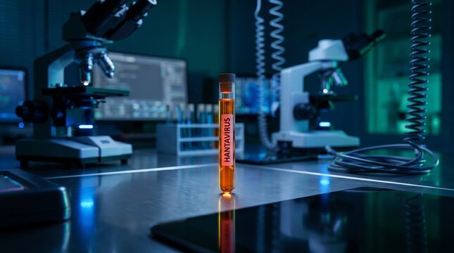 Hantavirus sample in a glowing orange liquid test tube on a metallic laboratory table. Dark scientific lab with microscopes and computer screens.