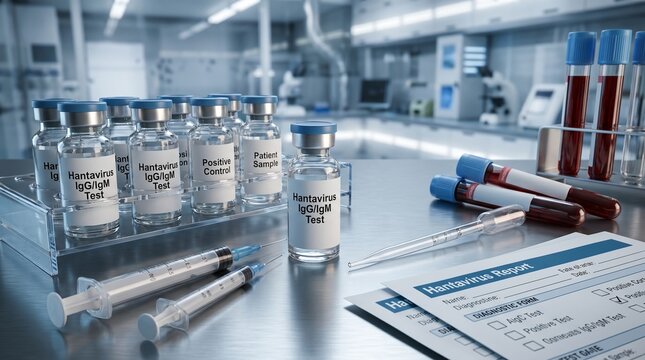 Hantavirus IgG/IgM test vials, blood samples, and syringes are on a sterile laboratory counter. Medical diagnostic tools are prepared for disease detection.