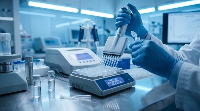 Scientist's gloved hands operate a multi-channel pipette, transferring liquid into a microplate. Modern laboratory equipment shows Hantavirus PCR protocol