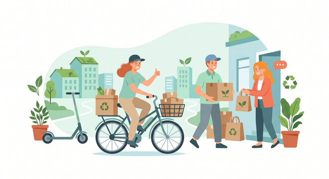 Eco-Friendly Package Delivery Flat Illustration &ndash; Sustainable Logistics and Green Transportation Concept