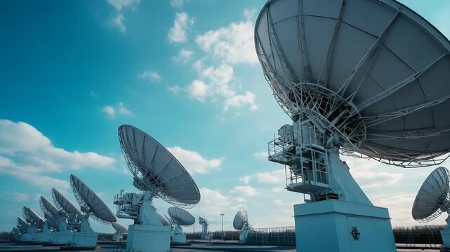 Large white satellite dishes standing in a row, receiving and transmitting signals for global communication and data exchange under a bright blue sky with clouds