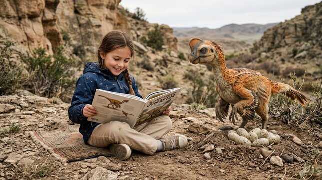 Young Girl Reading Dinosaur Book Beside Feathered Dinosaur in Rocky Desert Canyon