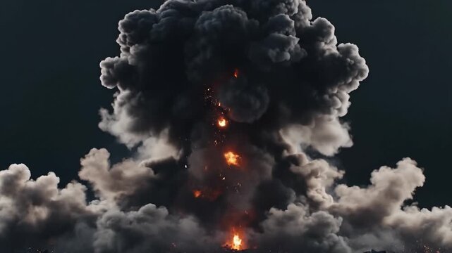 Ledakan Besar dengan Awan Jamur Api. Gambar dramatis menampilkan ledakan besar dengan bola api terang, awan jamur tebal, asap gelap, dan percikan partikel di latar langit malam, cocok untuk kebutuhan 
