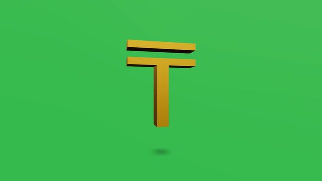 Animated golden tenge currency symbol on green chroma key background
